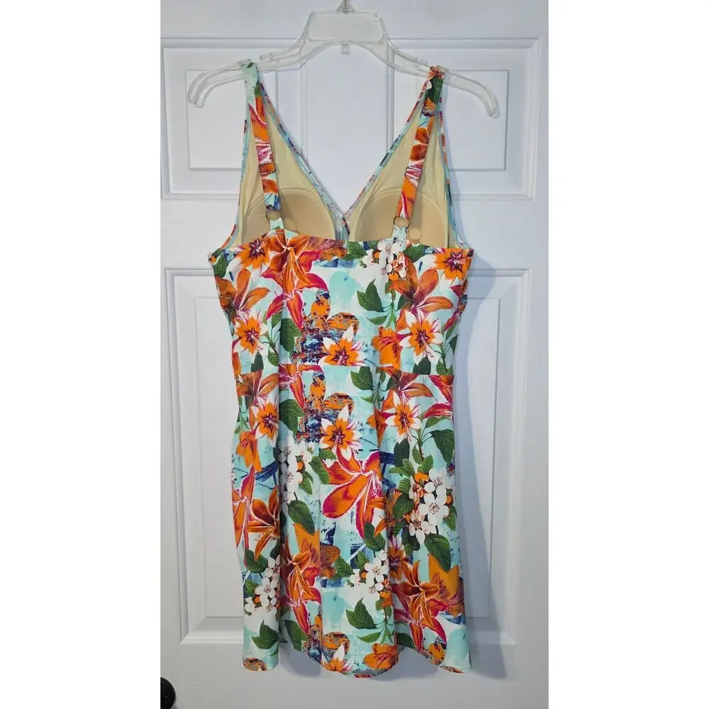Denim& Co Beach V-Neck Wrap Front Swim Dress Tropical‎ Size 16